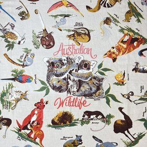 Vintage Wildlife Of Australia Linen Tablecloth Wall Hanging Koala Bear 52” X 45”